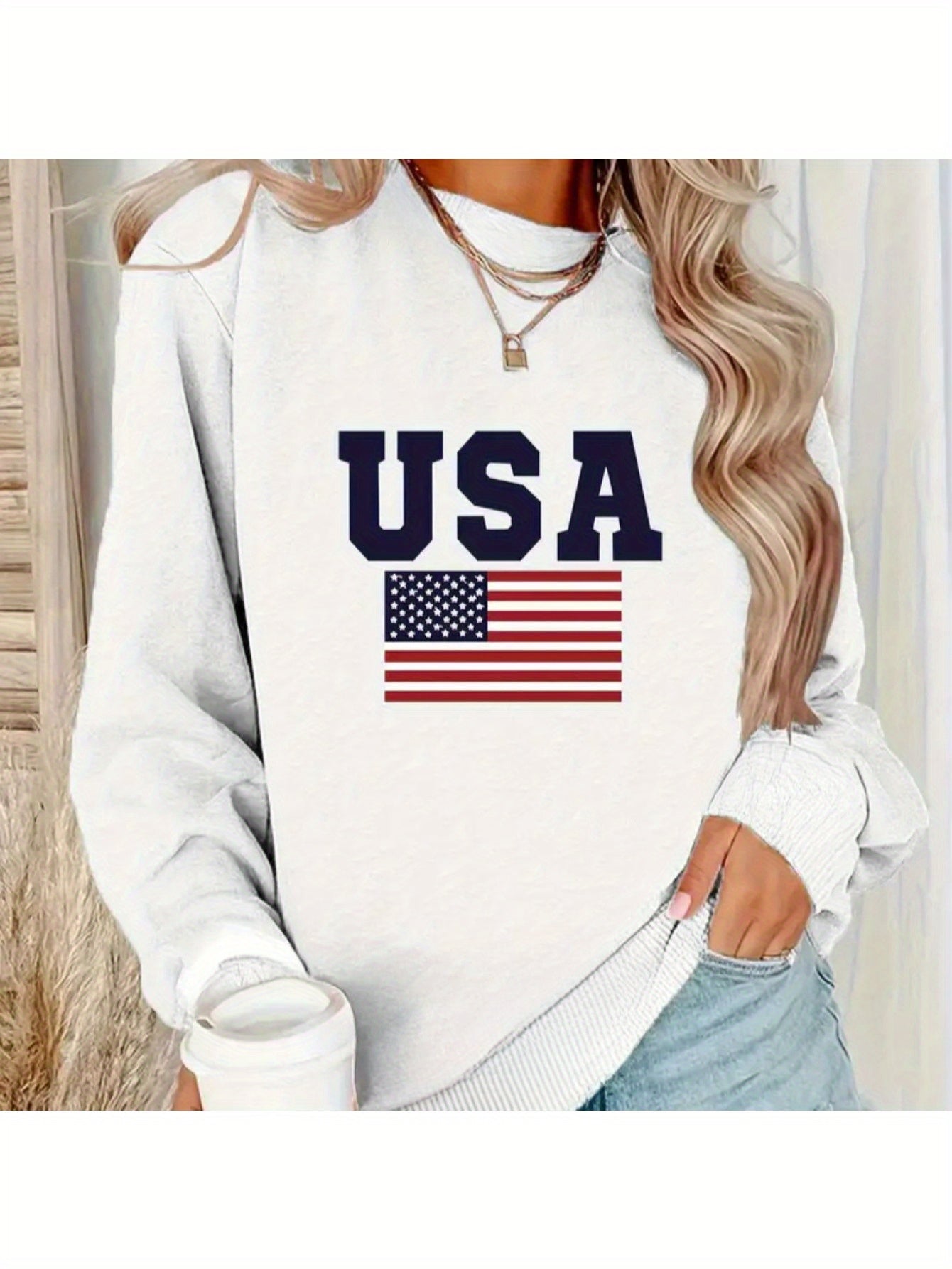 Women'S Casual Crew Neck Letter & flag Print Long Sleeve Pullover for Autumn/ Winter Knit White Sweatshirt Women'S Casual Crew Neck Letter & flag Print Long Sleeve Pullover for Autumn/ Winter Knit White Sweatshirt